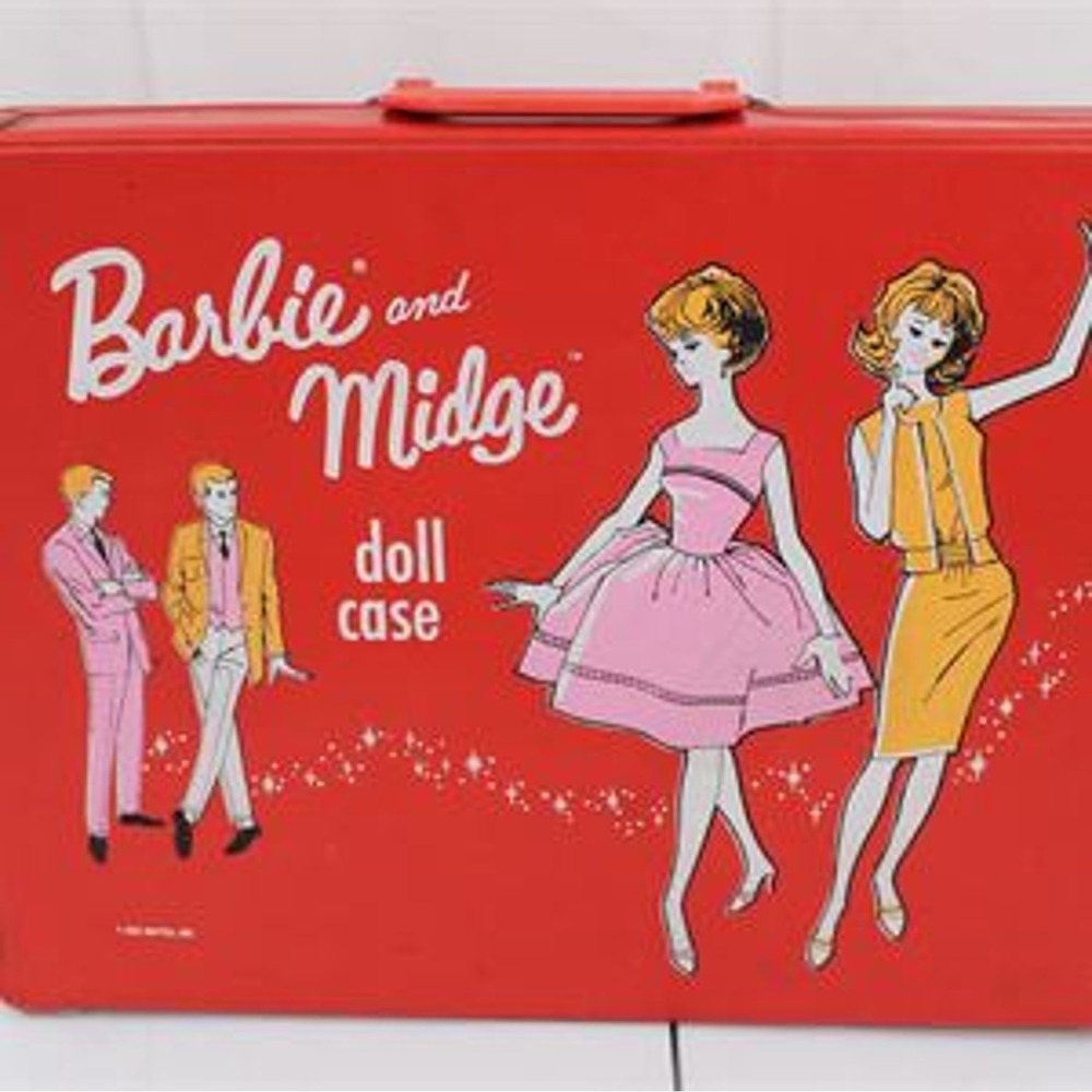 Vintage 1963 Mattel Barbie and Midge Red Doll Case with Clothes Accessories Lot